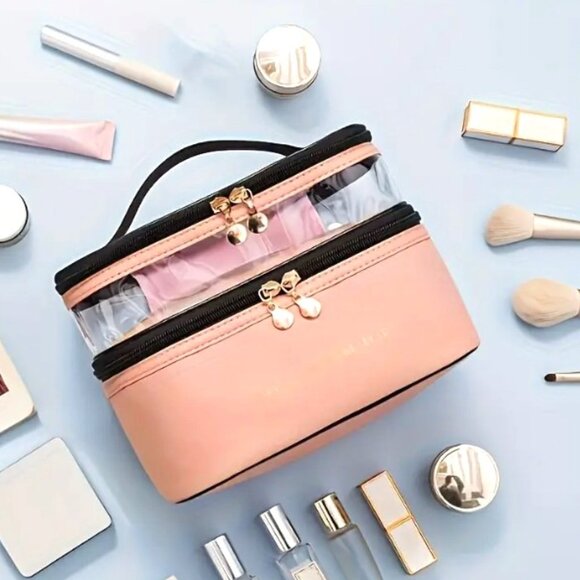 ✨NEW✨ Stylish Double-Layer Makeup Bag - Pink - Transparent - Picture 2 of 4